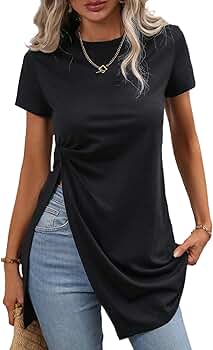 Remidoo Women's Split Hem T Shirt Round Neck Short Sleeve